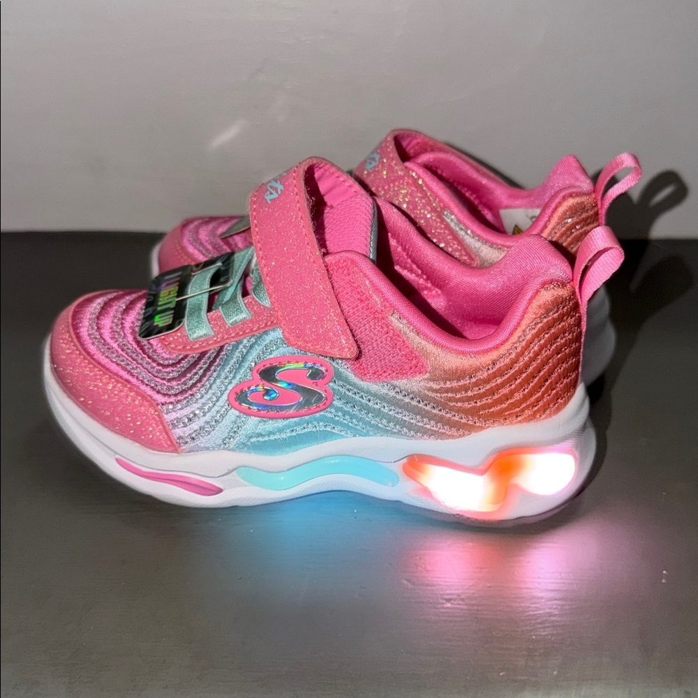 SKECHERS Girls S Sport Mae Star Print Light Up Sneakers Pink Sz 8 TODDLER - Picture 6 of 6